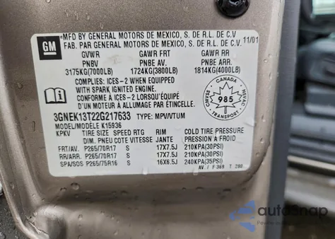 2002 Chevrolet Avalanche K1500 z USA, uszkodzony, nr VIN 3GNEK13T22G217633